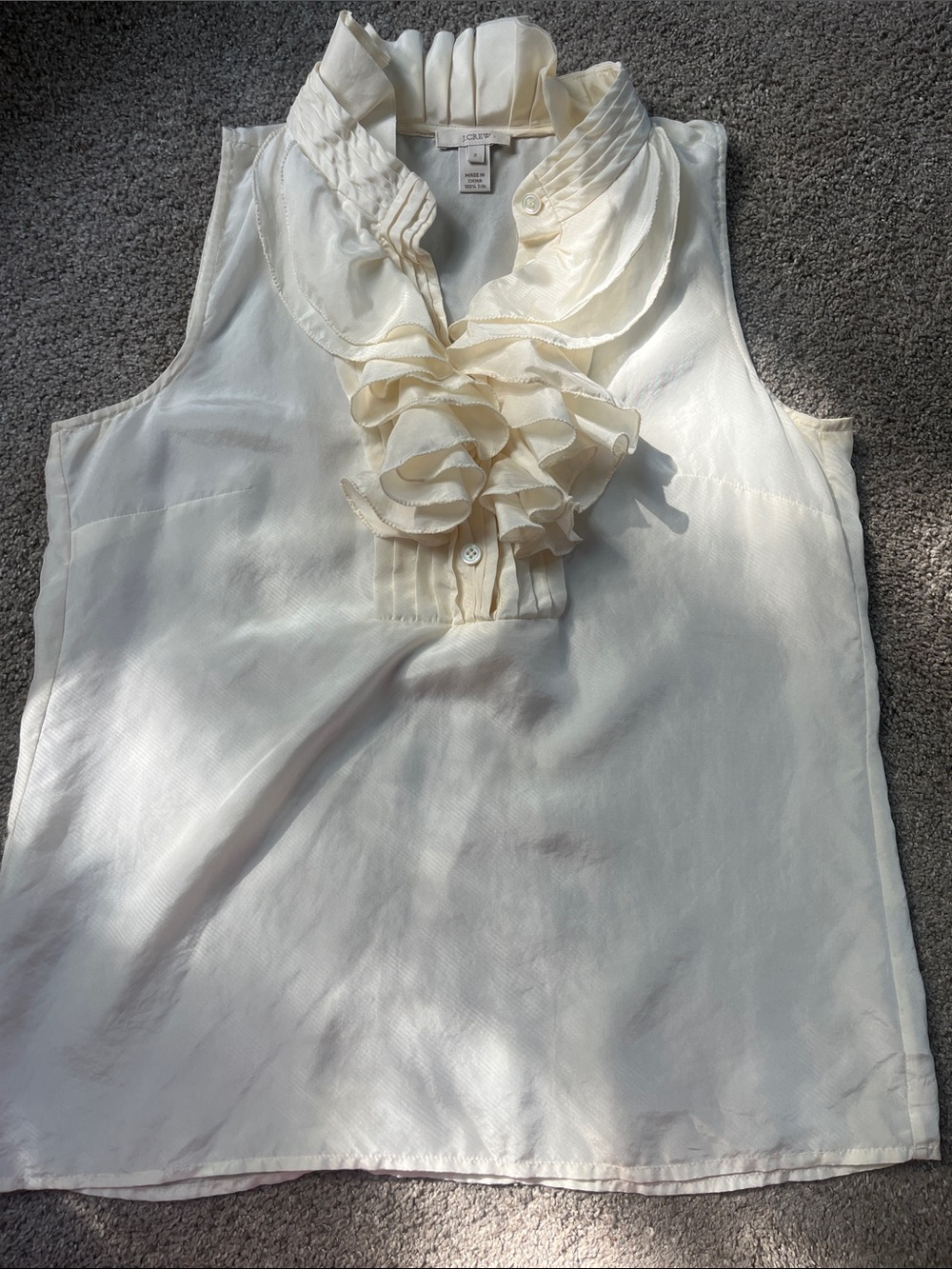 J. Crew Ruffled Pleated Collar Placket 100% Silk Sleeveless Ivory Blouse Small
